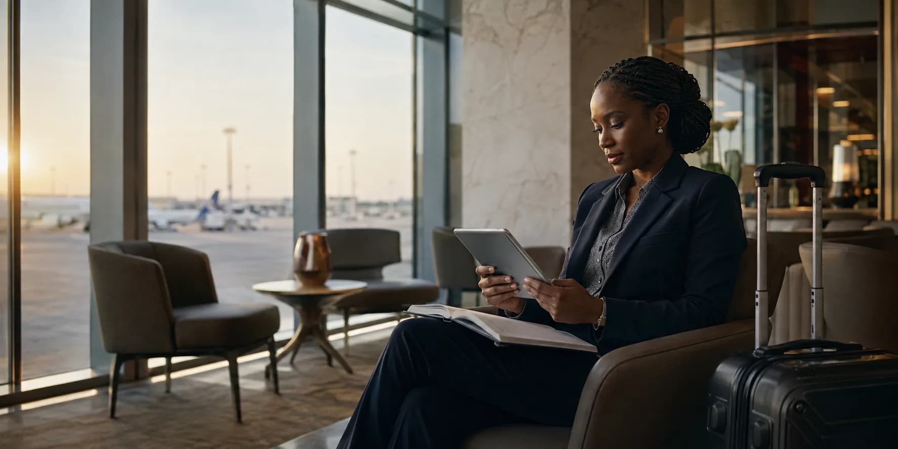 A business traveller reviewing her plans in a quiet airport lounge