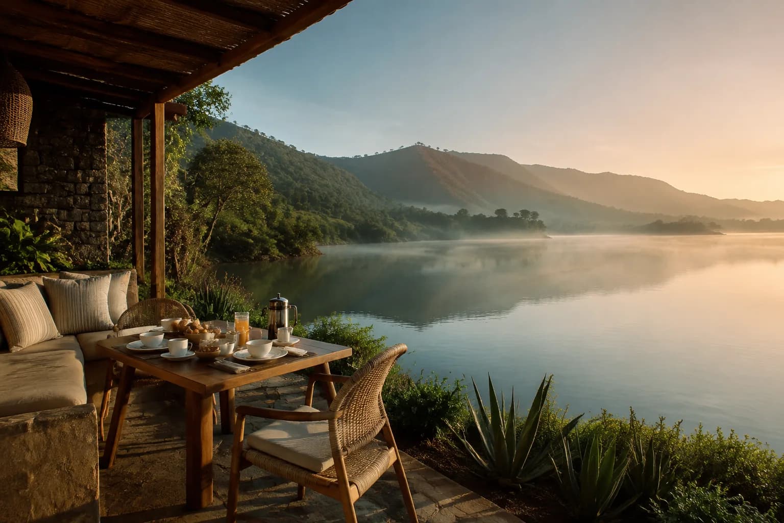 A quiet lodge terrace overlooking a highland lake at sunrise