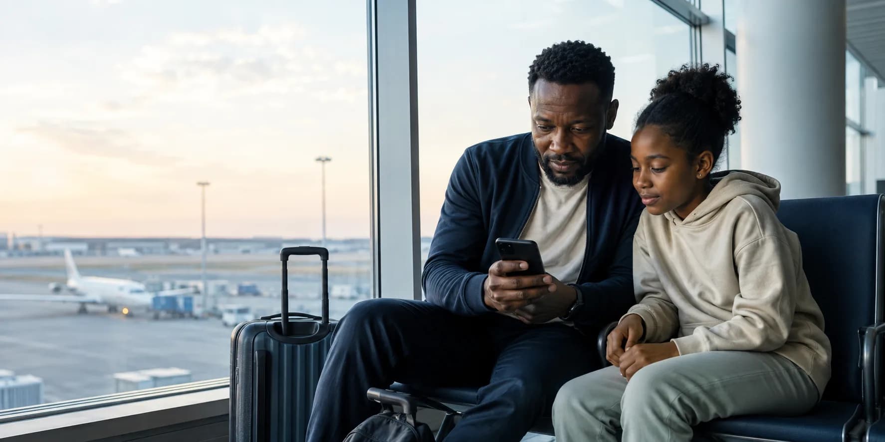 A father and daughter calmly reviewing their journey at the airport
