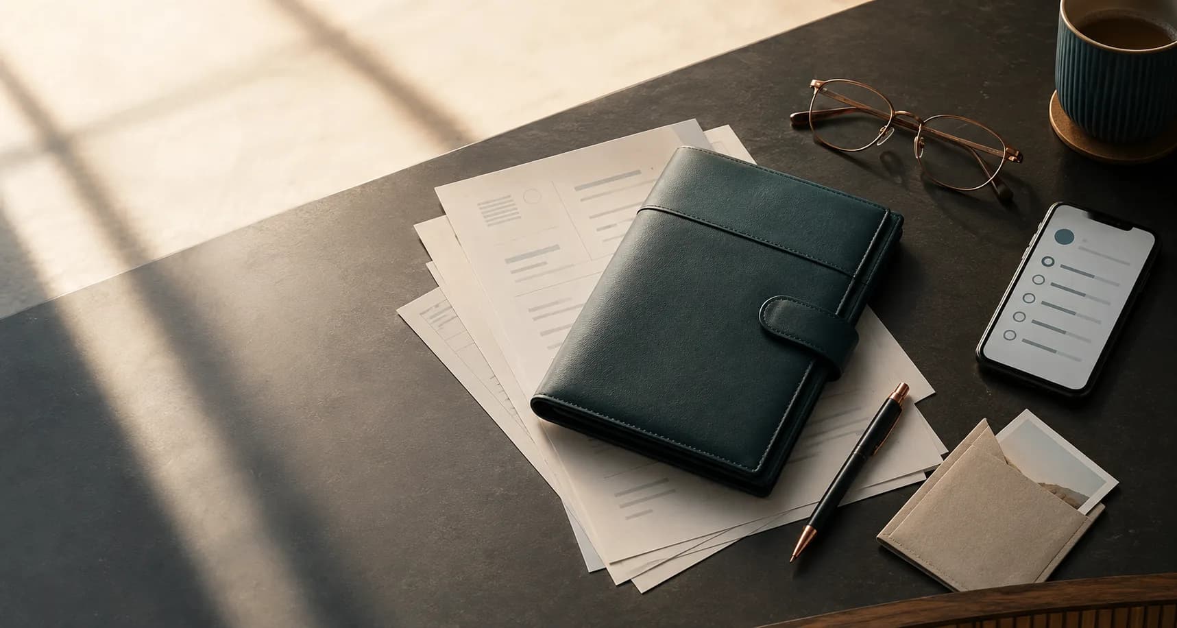 An organised travel-document consultation desk in morning light
